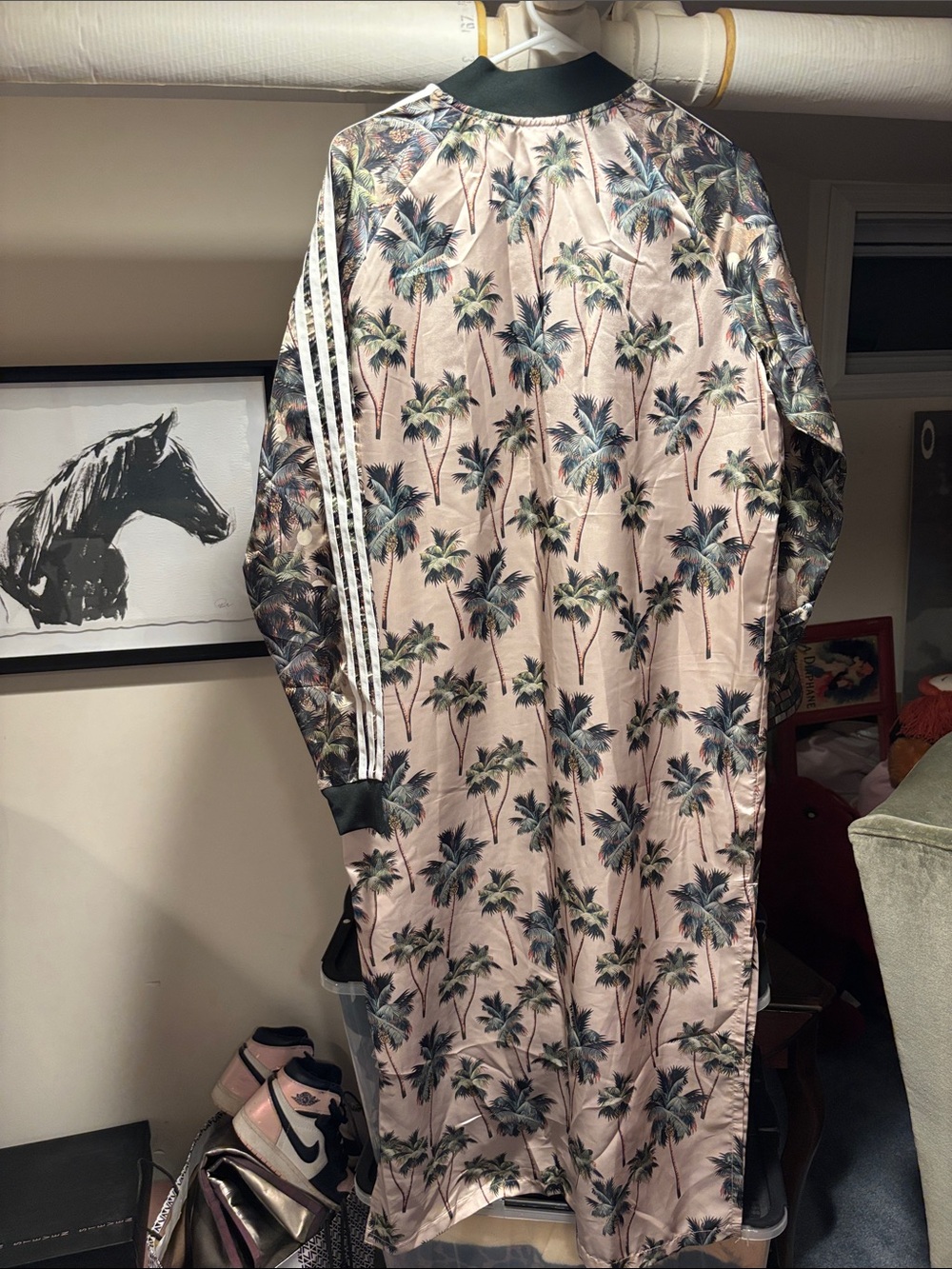 adidas Pink Palm-Print Long Bomber Jacket w Black Trim and Matching Shorts Set - Picture 3 of 5